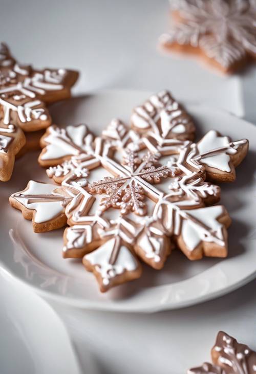 Rose gold Christmas cookies shaped like snowflakes on a white ceramic dish.