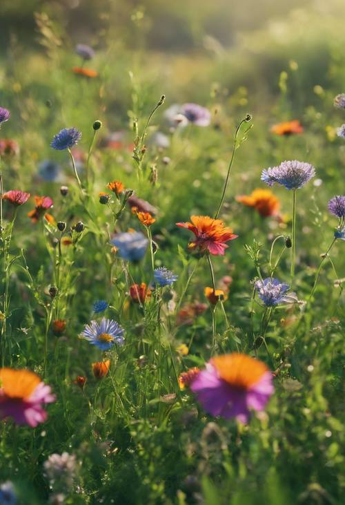 Flores silvestres pontilhando um prado, uma explosão de cores em uma extensão infinita de verde verdejante sob um céu azul claro.