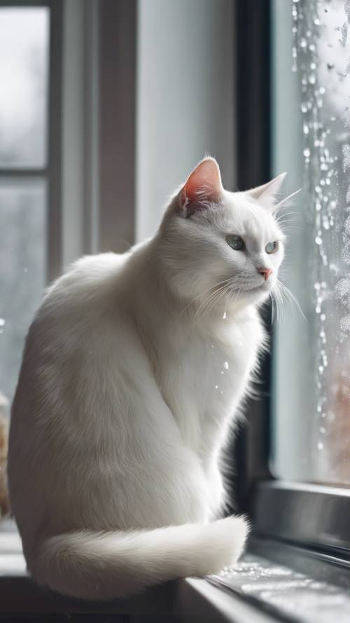 A white cat sitting by a kitchen window, leisurely watching snowfall through the frosty glass.