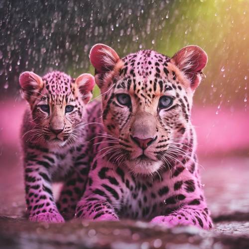 一隻溫柔的粉紅豹帶著它的幼崽，在彩虹色的雨下嬉戲。