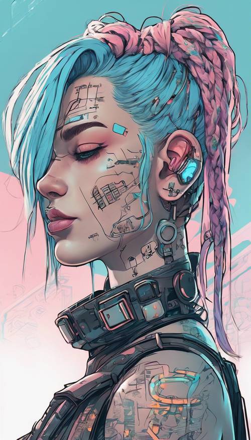 O perfil de uma garota cyberpunk com cabelo azul claro e tatuagens de circuito brilhantes.