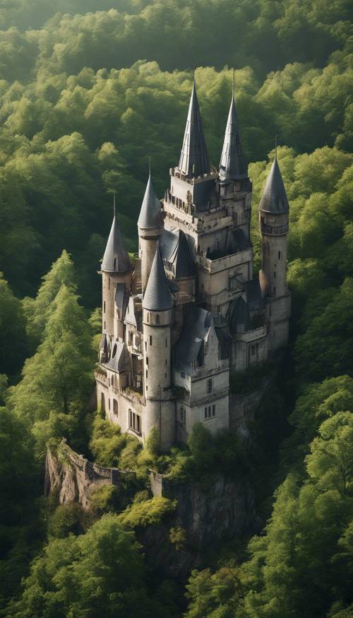 An angular gothic castle nestled amongst a dense green forest Tapet [e19e817787aa4191bec6]