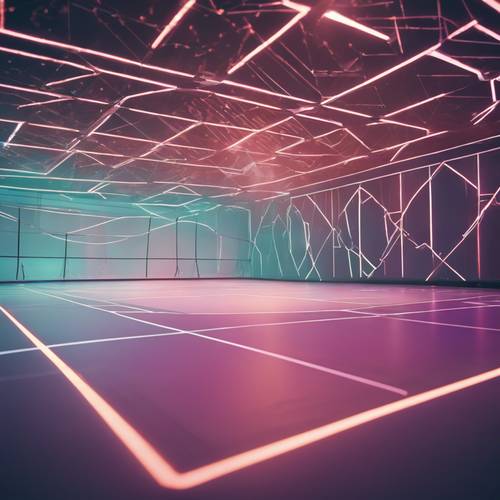 An eye-catching picture of a futuristic badminton court with holographic lines.
