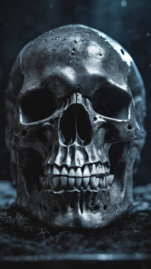 A close-up view of a foreboding gray skull on a moonlit night.