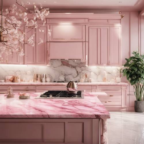 Uma cozinha sofisticada com uma enorme ilha de mármore rosa e branco