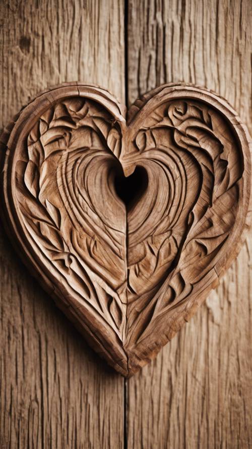 Un piccolo cuore scolpito nel legno che funge da ornamento per la porta.