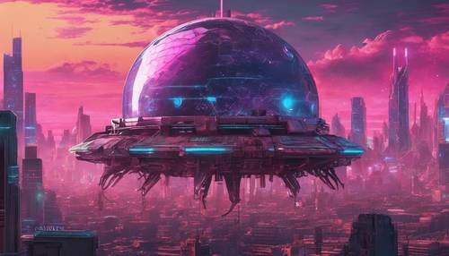 Ein Kraftfeldgenerator im Cyberpunk-Stil, der ein kuppelförmiges Kraftfeld über einer Stadt projiziert – eine Mischung aus schwerer Maschinerie und schillernden holografischen Paneelen.