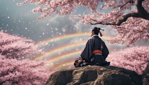 Edo döneminden ilham alan bir görüntü: Arka planda gökkuşağı bulunan bir kiraz çiçeği ağacının altında huzur içinde oturan bir Samuray.