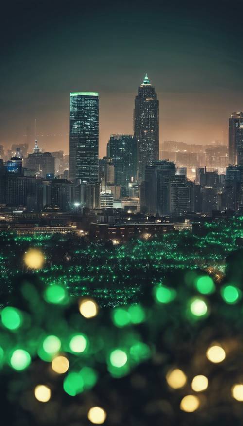 Um horizonte de cidade com luzes verdes de Natal cintilando no início da noite.