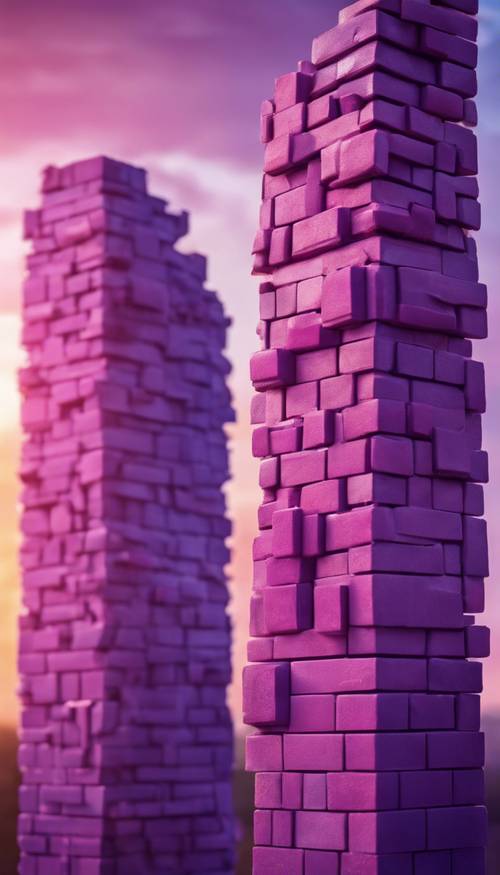 一座完全由光滑、拋光的紫色磚砌成的高塔，映襯著日出。