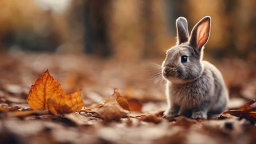 Um pequeno coelho inspecionando curiosamente uma folha caída de outono.