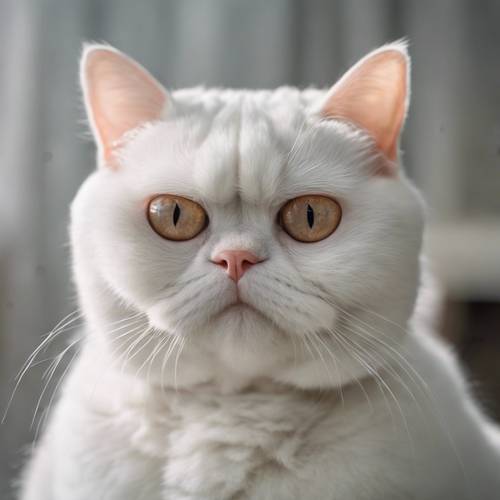 Bức chân dung rùng rợn của một chú mèo Exotic Shorthair màu trắng nhìn cận cảnh, khuôn mặt phẳng và đôi mắt tròn của nó hoàn toàn lột tả được vẻ thờ ơ hài hước của cô mèo.