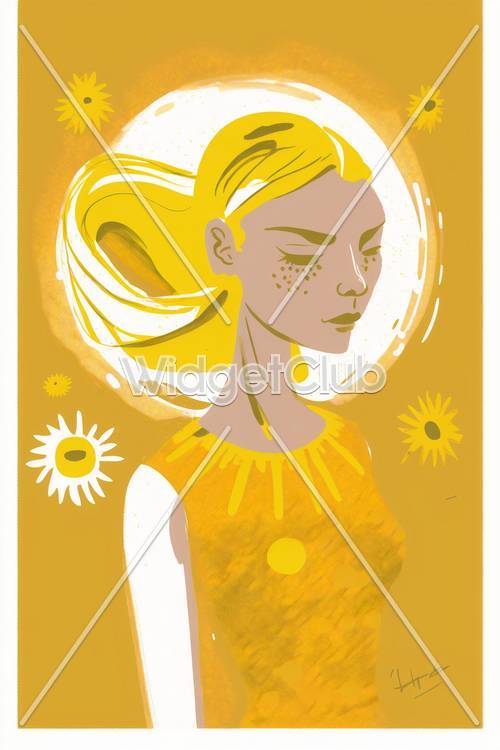 明るい黄色の芸術作品で女の子と花を描いた壁紙