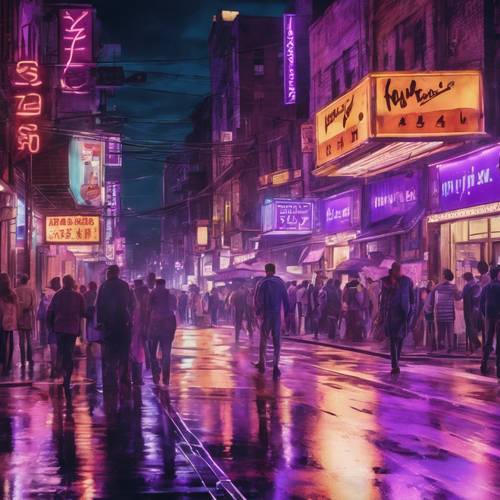 Nghệ thuật màu nước vẽ một con phố nhộn nhịp vào buổi tối muộn, được thắp sáng bởi những bảng hiệu đèn neon màu tím thú vị