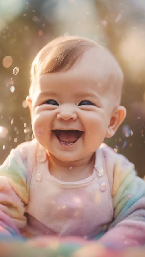 Un retrato de un bebé riendo bañado por una luz suave, con un fondo de tonos pastel del arcoíris.