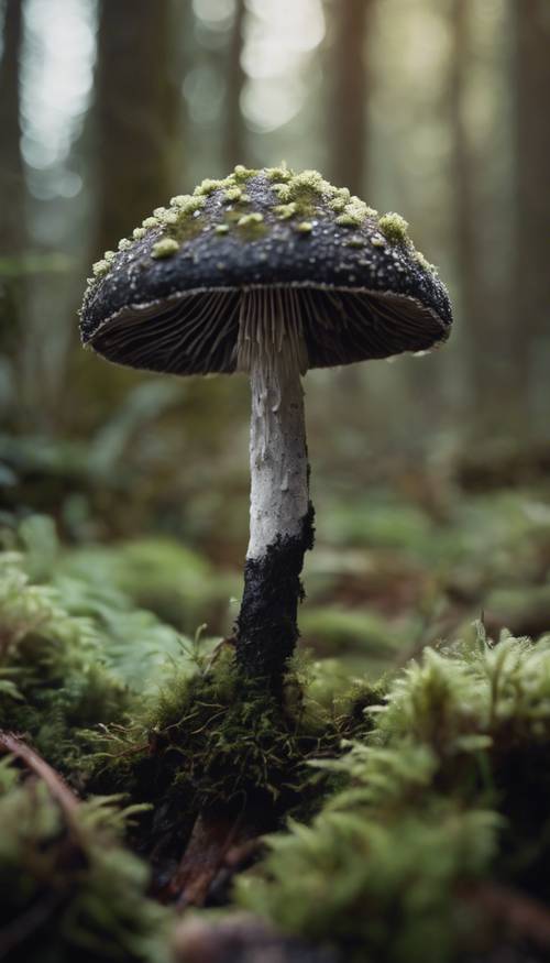 黑色的蘑菇位於框架的中心，白色的莖被黑色的苔蘚包圍。