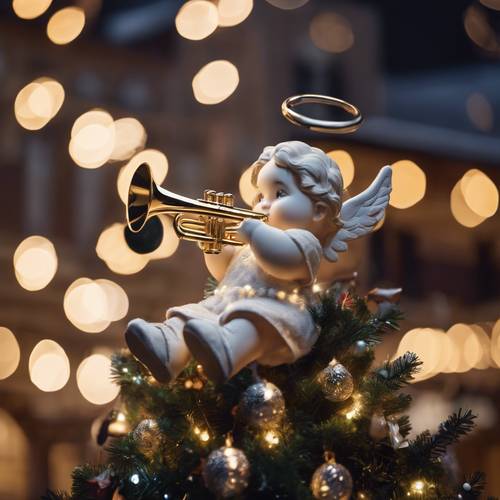 Chubby little Christmas angel blowing a trumpet, sitting atop a glowing Christmas tree in a town square.