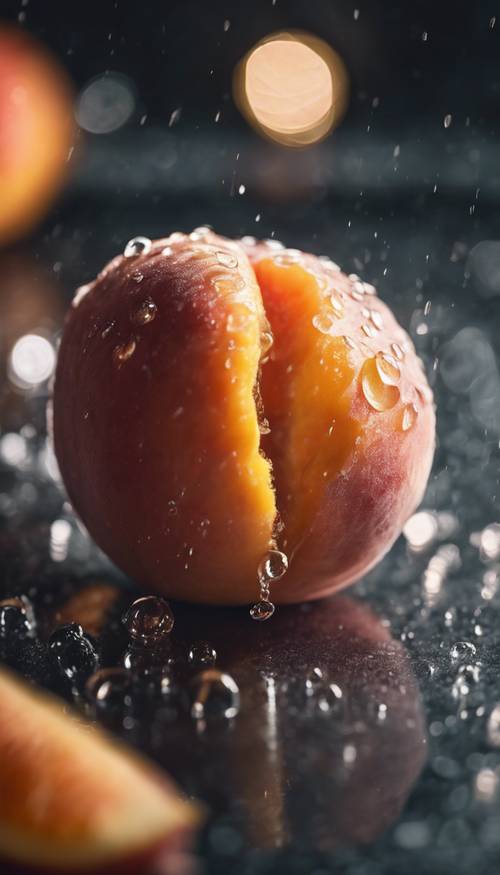 אפרסק מקולף עם טיפות מיץ נוצצות מתחת לאורות המטבח.