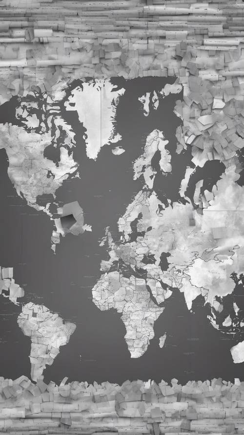 A grayscale world map made of layers of gray washi tape.