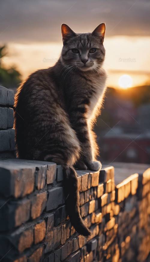 Silhouette of a cat sitting on a wall made of dark gray bricks at sunset.