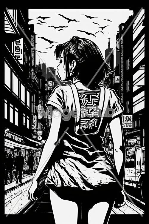 Girl Walking in Busy City Street
