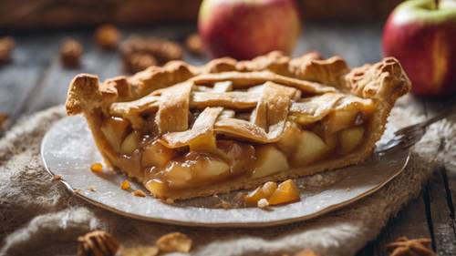 가을의 편안한 음식을 상징하는 풍화된 나무 테이블 위에 황금색의 벗겨지는 껍질이 있는 사과 파이 한 조각이 놓여 있습니다.