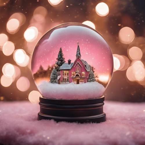 Bola salju yang mempesona memperlihatkan kota kuno di bawah langit Natal merah muda.