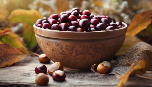 Nature morte représentant un bol de châtaignes et d&#39;airelles, trésors de l&#39;automne.