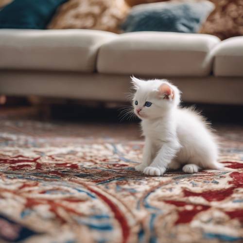 Two white kittens playfully wrestling on top of a Persian carpet in a living room.