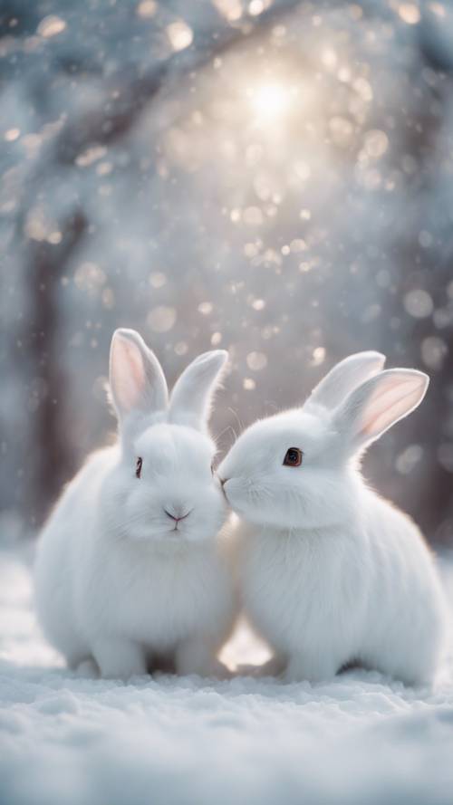 Dua kelinci putih lucu di negeri ajaib musim dingin.