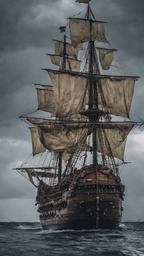 A fleet of pirate ships ready for battle under a stormy grey sky.