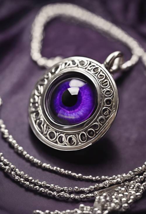 A close-up, photorealistic image of a dark purple evil eye encased within a silver amulet.