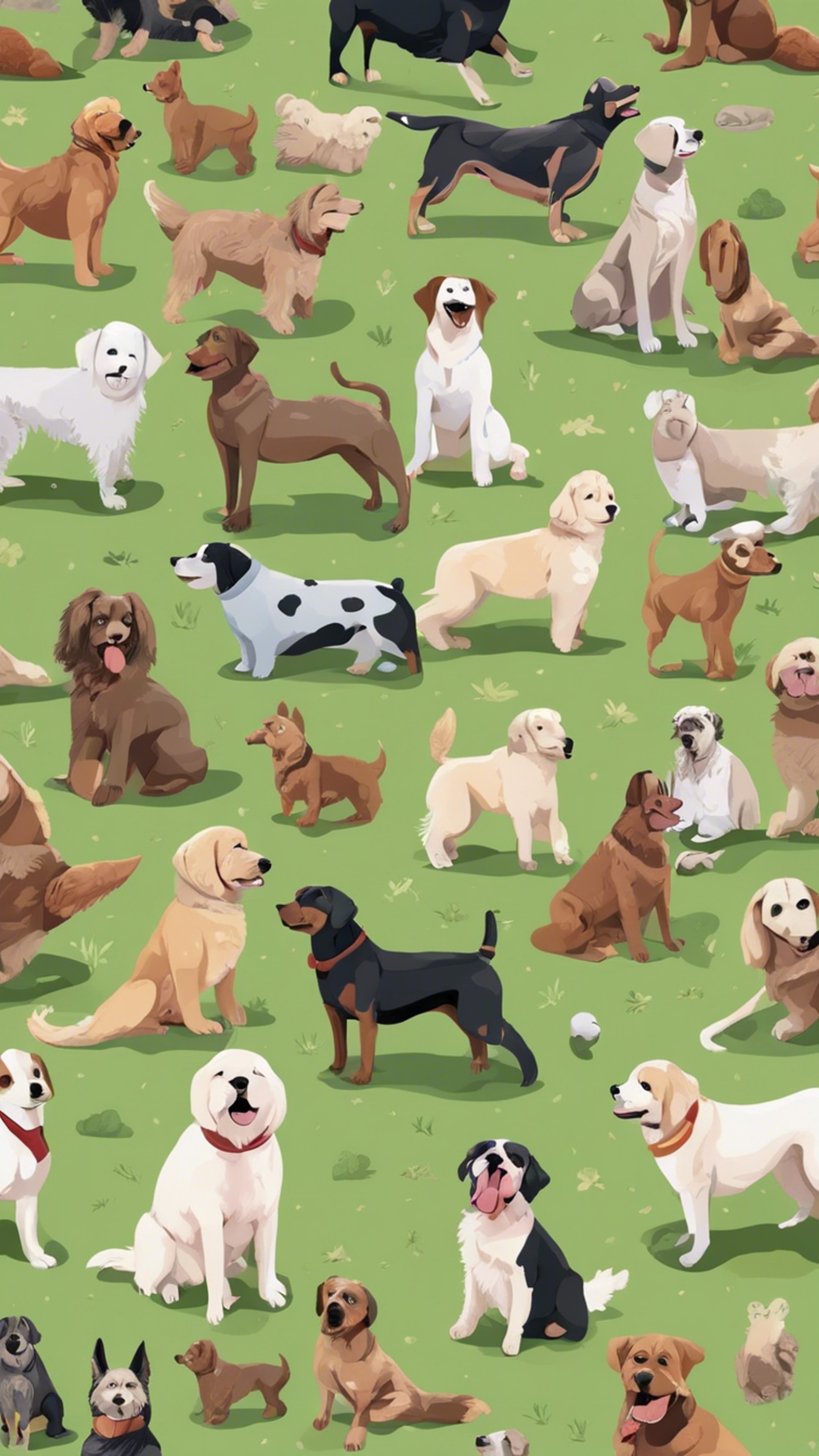 Seamless pattern of various breed of dogs playing in a park. Wallpaper[140058c252ce4edb8a7a]