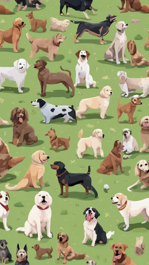 Seamless pattern of various breed of dogs playing in a park.