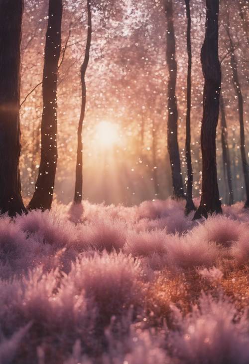 파스텔 글리터로 묘사된 일출의 매혹적인 숲 풍경.