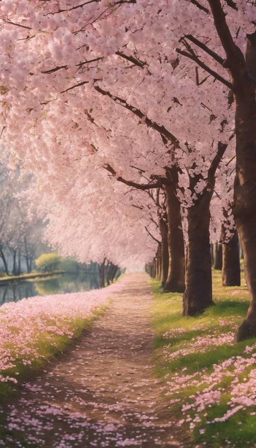 A panoramic view of a grove of cherry blossom trees, awash in cool morning light. Tapeta [72ca0ec194e24c29ad61]