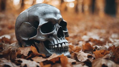 A close-up image of a gray skull sitting on a bed of autumn leaves.