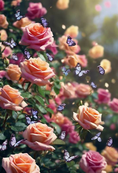 Etrafta uçuşan sevimli, rengarenk güller ve kelebeklerle dolu bir gül bahçesi.