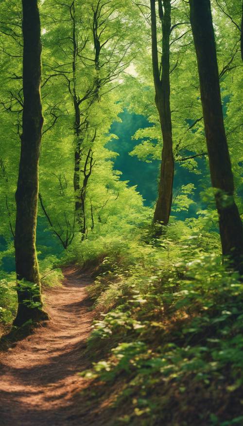 明るい青い空が背景にある活気ある緑の森　