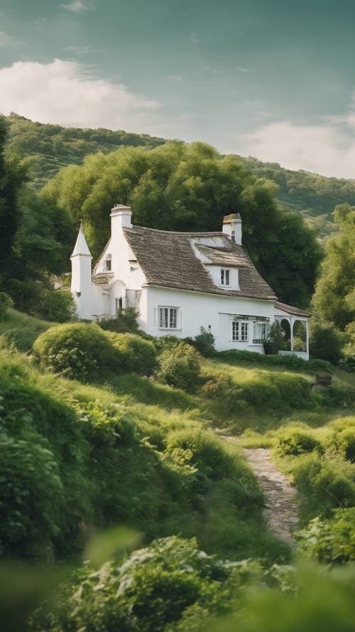Una cabaña blanca situada entre exuberantes colinas verdes