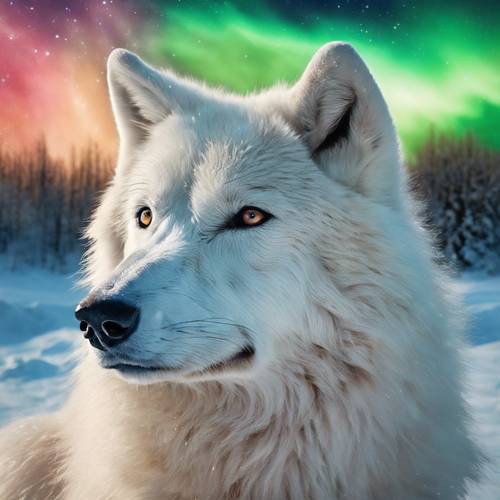 Um retrato em aquarela de um lobo ártico sob o céu cintilante da aurora boreal.