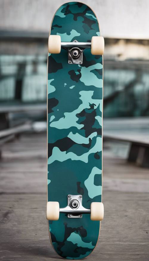 A skateboard deck with a sleek teal camouflage design.