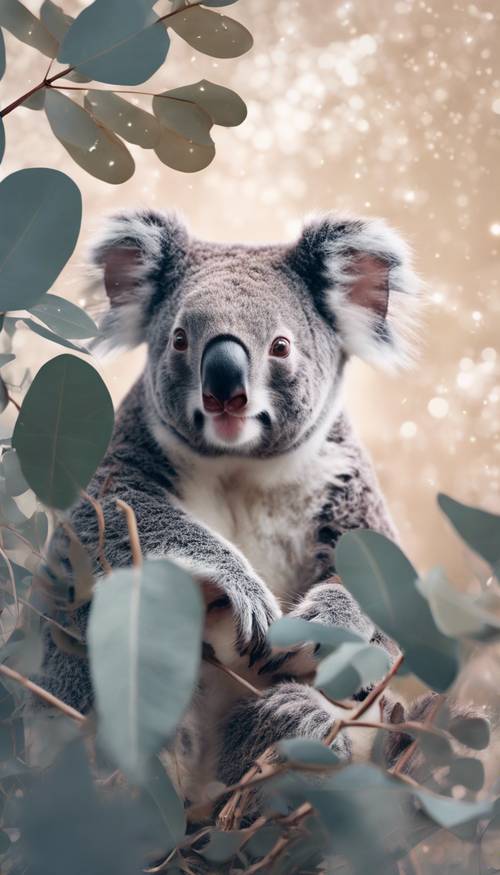 Pastelowy obraz przedstawiający koalę leniwie przeżuwającą liście eukaliptusa w świetle księżyca.