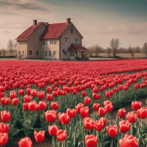 Uzak arka planda bej renkli bir çiftlik evinin olduğu bir tarlada çiçek açan kırmızı lalelerden oluşan bir deniz.