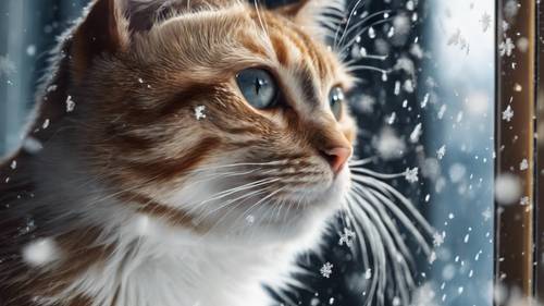 Um gato observando flocos de neve flutuando de uma janela.