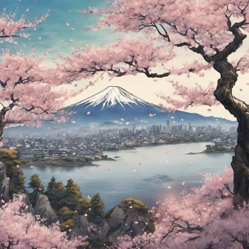 Un dipinto a inchiostro di fiori di ciliegio mossi da una fresca brezza primaverile, sullo sfondo del maestoso Monte Fuji.