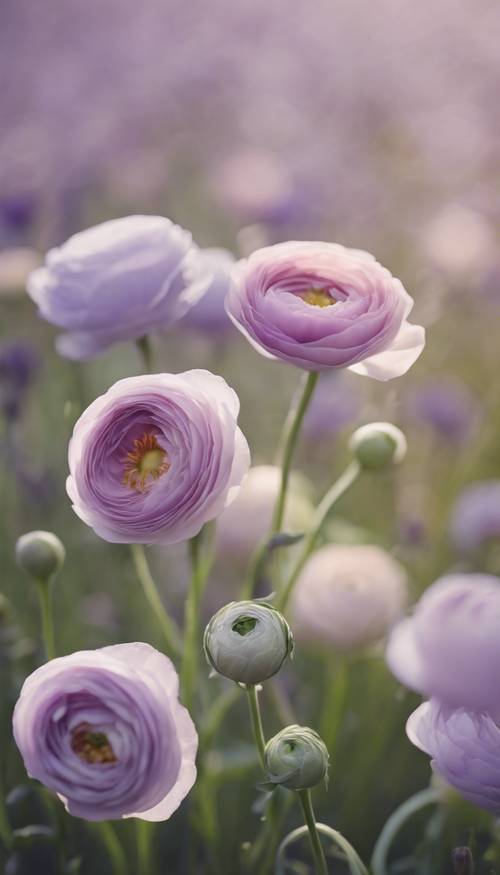 Beberapa bunga ranunculus bergoyang lembut tertiup angin, masing-masing memiliki warna lavender yang berbeda-beda.