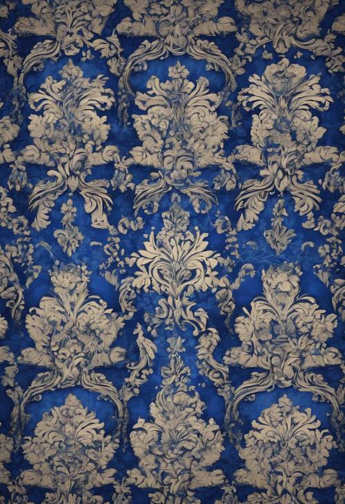 Royal blue Damask design resembling antique wallpaper.
