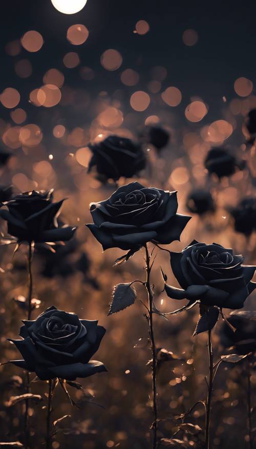 Abstract field of black roses, with velvety petals shimmering under moonlight.