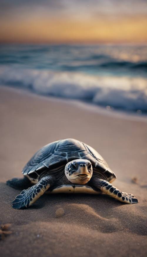 Um bebê tartaruga marinha saindo de sua carapaça em uma praia iluminada pela lua, sua jornada para o mar prestes a começar.
